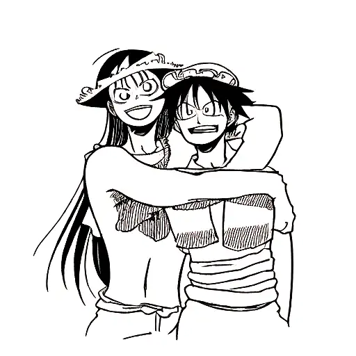 Anime drawing of a girl hugging luffy from one piece