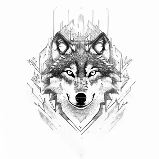 Wolf close up face straight facing surrounded by forests tattoo design idea