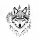realistic Wolf close up face straight facing surrounded by forests tattoo design idea