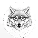 realistic Wolf close up face straight facing surrounded by forests tattoo design idea