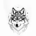 realistic Wolf close up face straight facing surrounded by forests tattoo design idea