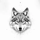 realistic Wolf close up face straight facing surrounded by forests tattoo design idea