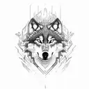 Wolf close up face straight facing surrounded by forests tattoo design idea