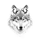 Wolf close up face straight facing surrounded by forests tattoo design idea