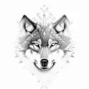 Wolf close up face straight facing surrounded by forests tattoo design idea