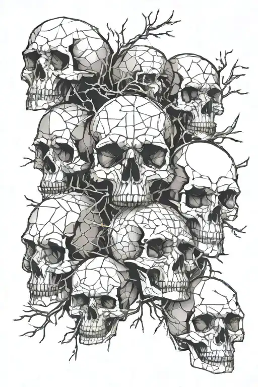 pile of skulls with tree branches going between the eyes and mouths  tattoo design idea