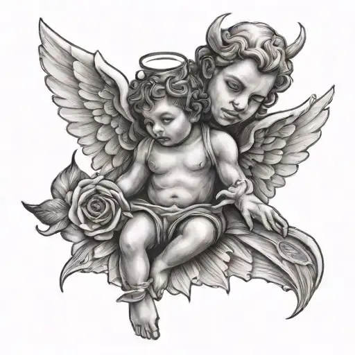 angel holding a mini devil tattoo design idea