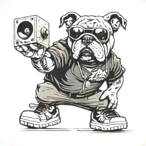 b-boy bulldog standing in front of brick wall with boombox at his feet  tattoo design idea