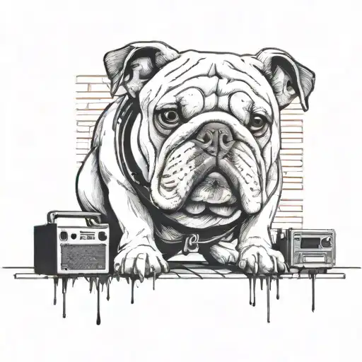 English bulldog wearing hip hop clothes standing against a brick wall with boombox at his feet  tattoo design idea