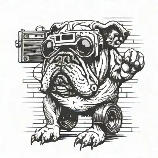 b-boy English bulldog standing against a brick wall with boombox at his feet  tattoo design idea
