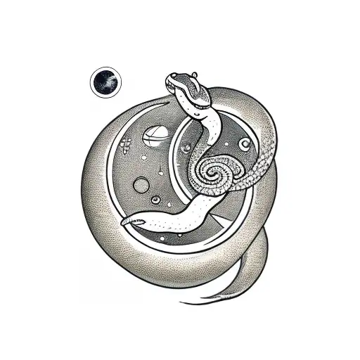 A traditional style tattoo of a snake coiled around a moon in space tattoo design idea