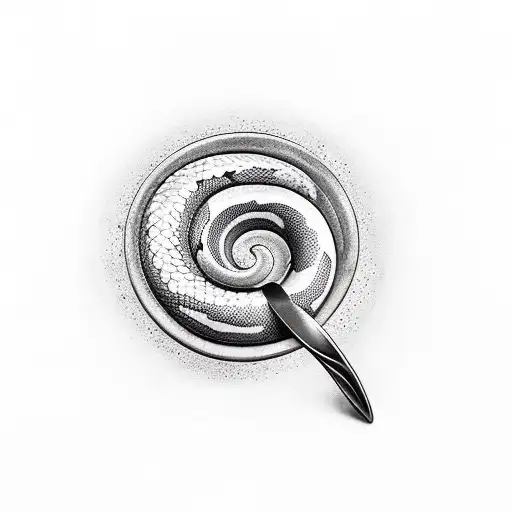 A black and white tattoo of a snake wrapped around a cooking spoon for placement on throat  tattoo design idea