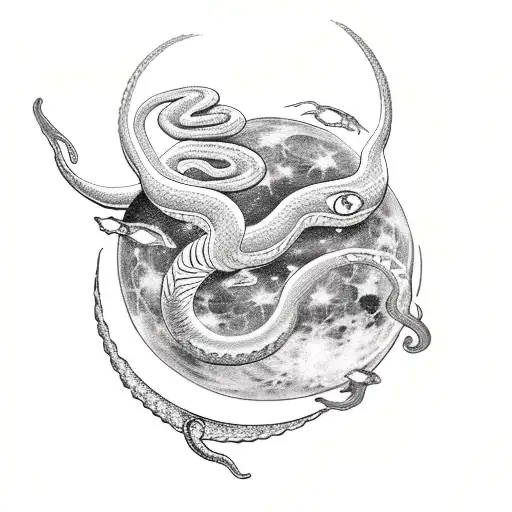 A traditional style tattoo of a snake coiled around a moon in space tattoo design idea