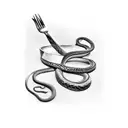 A black and white tattoo of a snake wrapped around a cooking spoon for placement on throat  tattoo design idea