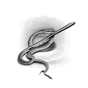 A black and white tattoo of a snake wrapped around a cooking spoon for placement on throat  tattoo design idea