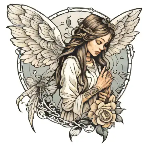 white light, angel, horse, dragonfly, little girl, woman holding hands tattoo design idea