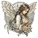 white light, angel, horse, dragonfly, little girl, woman holding hands tattoo design idea