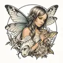 white light, angel, horse, dragonfly, little girl, woman holding hands tattoo design idea