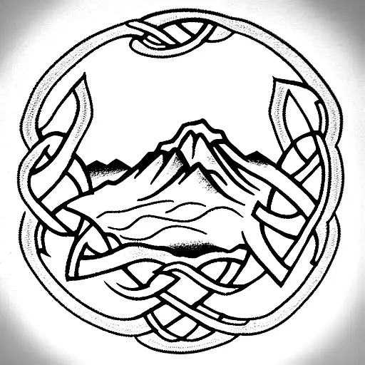 celtic knot cross with mountain and city background tattoo design idea