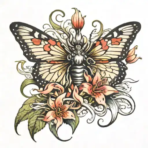 medusa and red spider lily and butterfly   tattoo design idea