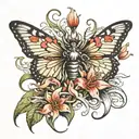 medusa and red spider lily and butterfly   tattoo design idea