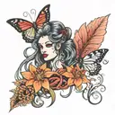 medusa and red spider lily and butterfly   tattoo design idea