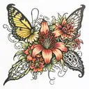 medusa and red spider lily and butterfly   tattoo design idea