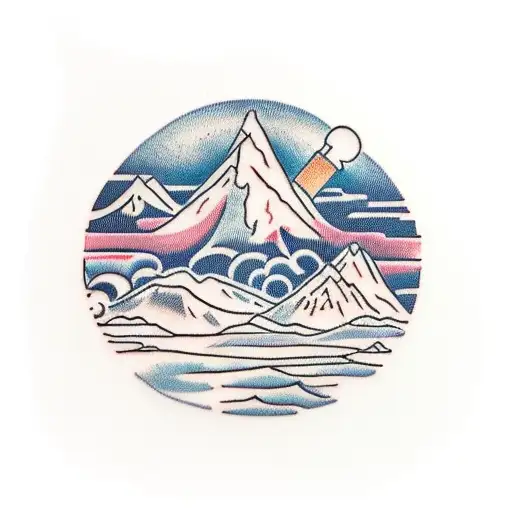 A traditional tattoo of a mountain landscape with a hidden mechanic's tool incorporated tattoo design idea