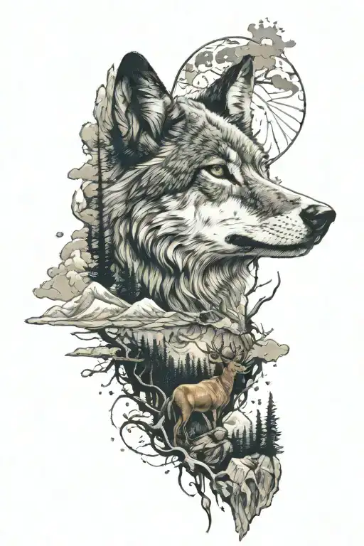 wolf, deer, and mountains across tattoo design idea