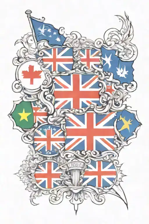 Australian flag England flag Scotland flag Wales flag around perimeter names of TAYA, CRUZ, KOBI, SUZE in the middle tattoo design idea