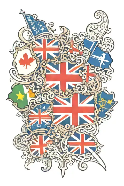 Australian flag England flag Scotland flag Wales flag around perimeter names of TAYA, CRUZ, KOBI, SUZE in the middle tattoo design idea