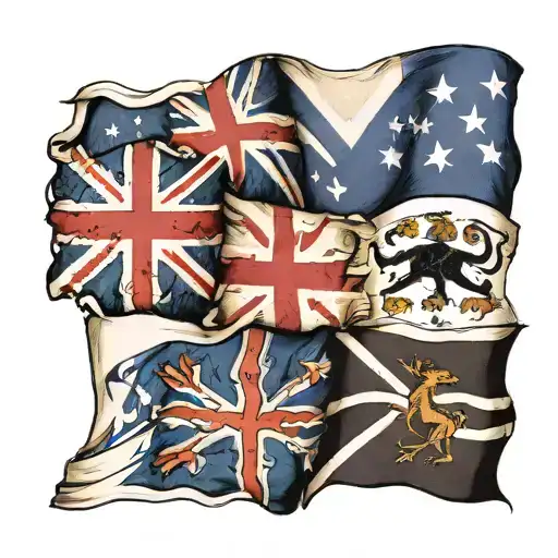 Australian flag England flag Scotland flag and Wales flag around outside and in the middle names TAYA, CRUZ, KOBI, SUZE. tattoo design idea