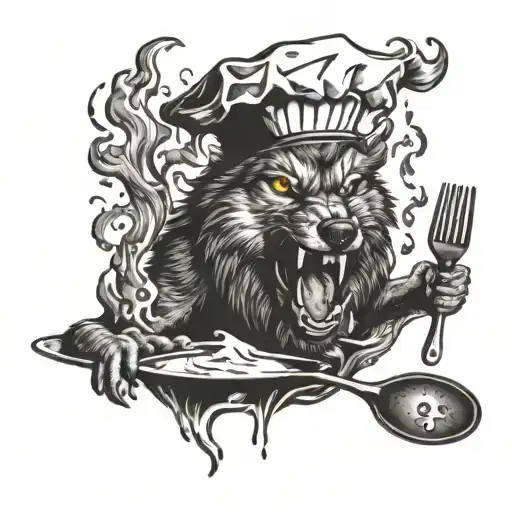 A tattoo of a snarling wolf with a chef's hat on, surrounded by flames and cooking utensils tattoo design idea