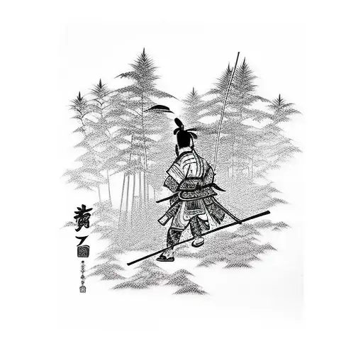 Samurai silhouette in bamboo forest  tattoo design idea