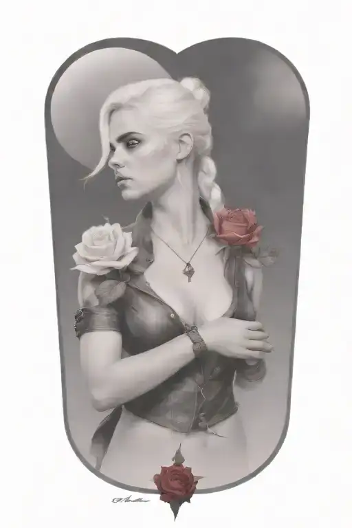 ciri standing with rose a front of she  in thunderstorm tattoo design idea