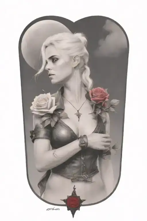 ciri standing with rose a front of she  in thunderstorm tattoo design idea