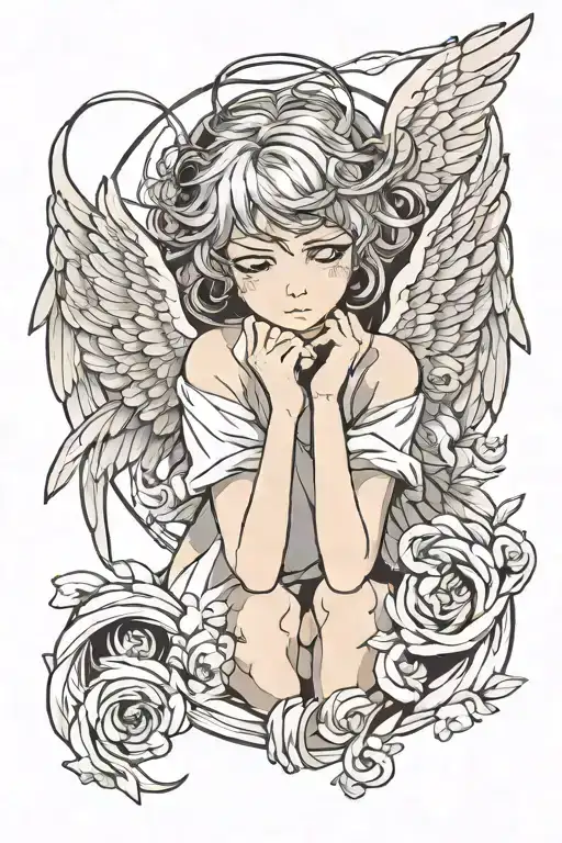 angel in a minimalist style with wings and tired eyes tattoo design idea