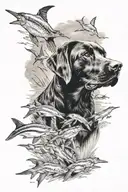 black lab with blue marlins and duck hunting scene tattoo design idea