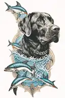 black lab with blue marlins and duck hunting scene tattoo design idea
