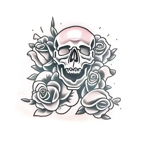 Skull with roses and a large coffin tattoo design idea
