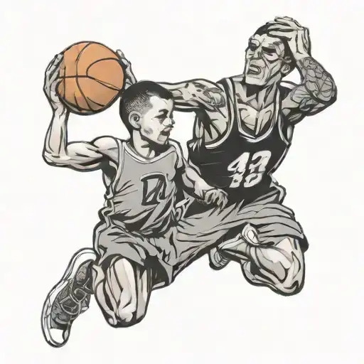A military dad coaching his child in basketball, with a skull motif in the background tattoo design idea