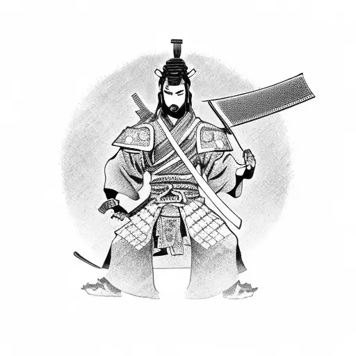 samurai with a sword on the background of a pagoda that is doused by a dragon tattoo design idea