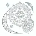 Mandala with these symbols: torch, owl, snake, (half) moon, tree, sickle, eye, wings, lion, fire, goddesses. tattoo design idea