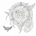 Mandala with these symbols: torch, owl, snake, (half) moon, tree, sickle, eye, wings, lion, fire, goddesses. tattoo design idea