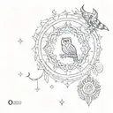 Mandala with these symbols: torch, owl, snake, (half) moon, tree, sickle, eye, wings, lion, fire, goddesses. tattoo design idea