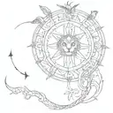 Mandala with these symbols: torch, owl, snake, (half) moon, tree, sickle, eye, wings, lion, fire, goddesses. tattoo design idea