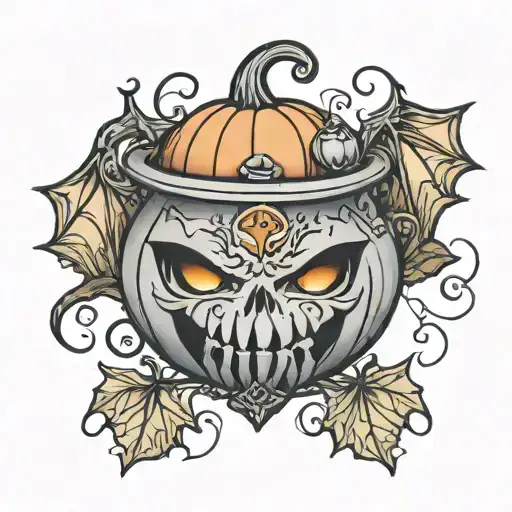 cauldron gemstones bats pumpkins tattoo design idea