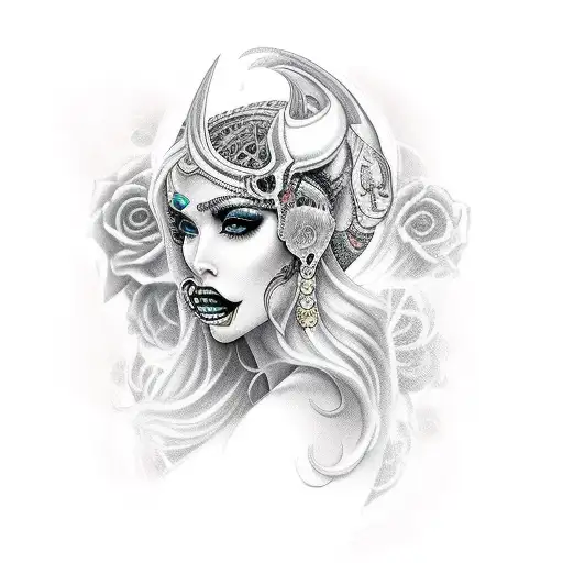 Sexy bimbo goddess Nyx with skulls tattoo design idea