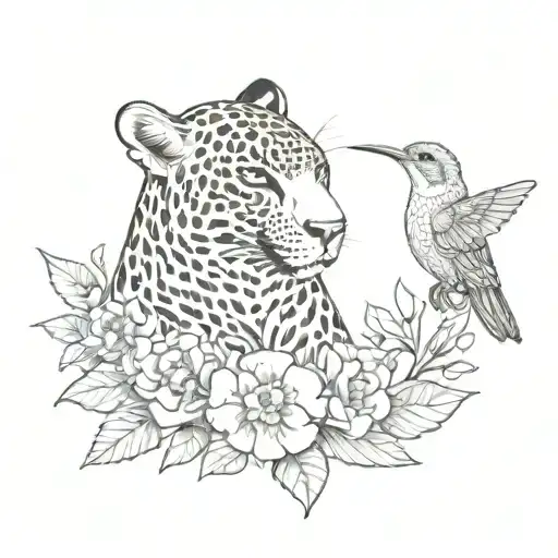 A jaguar and a certain hummingbird intertwined in a floral design tattoo design idea