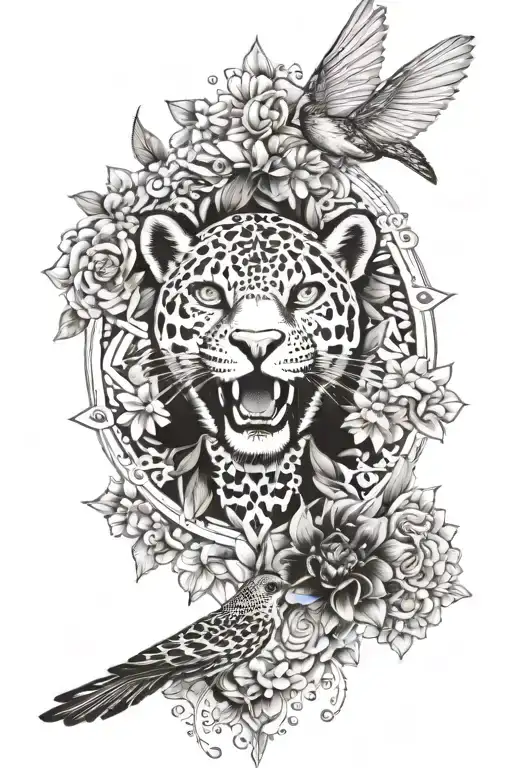 A jaguar and a certain hummingbird in a mandala design with sun rayscertain flowers tattoo design idea